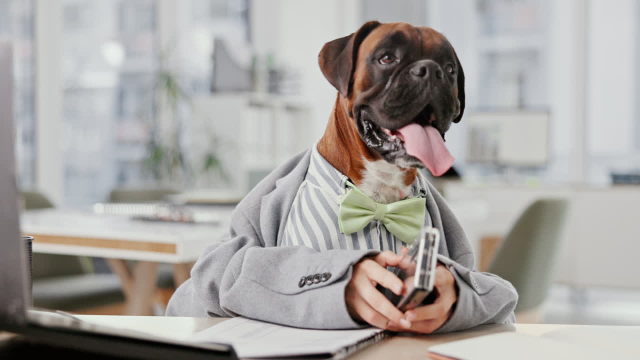 A dog dressed as a businessman in an office