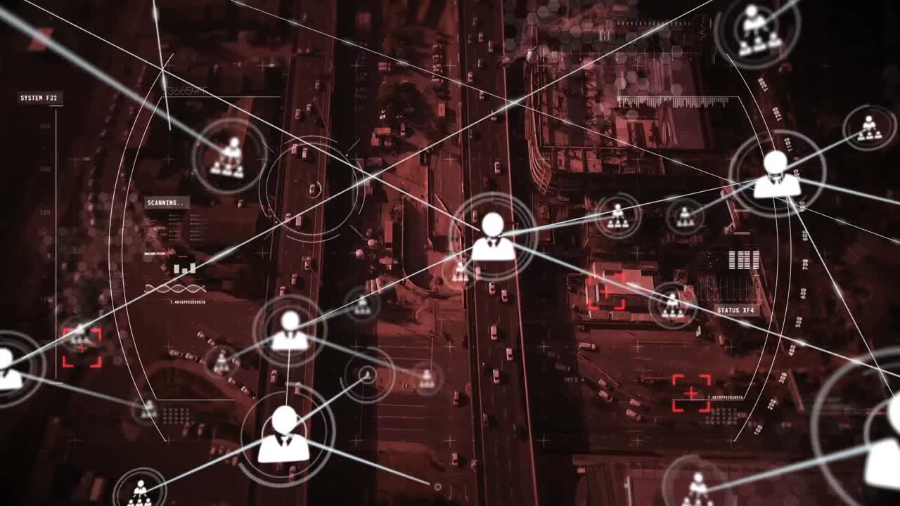 animación de la red de conexiones con escaneo de alcance sobre el paisaje urbano