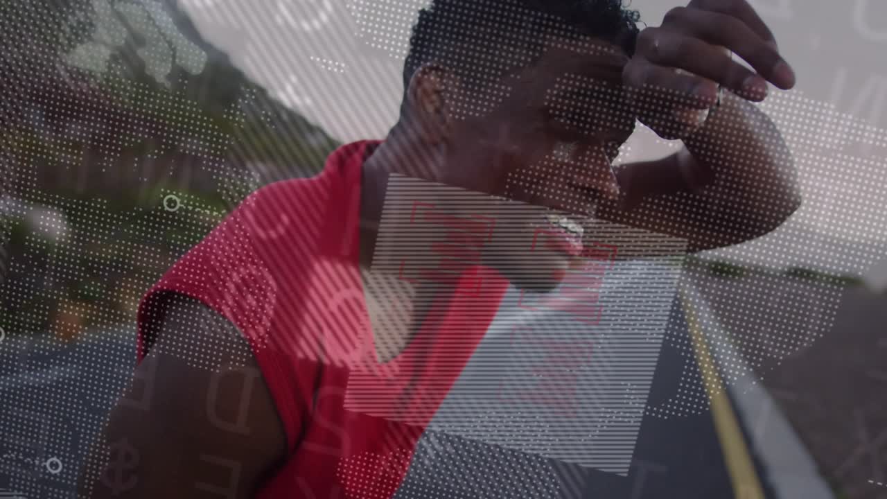 Athlete bending on mountain road causing transparent data overlay drifting for fitness tracking