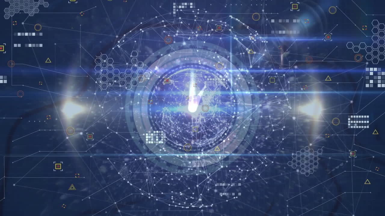 검은색 배경에 시계와 데이터 처리를 가진 연결의 지구의 애니메이션