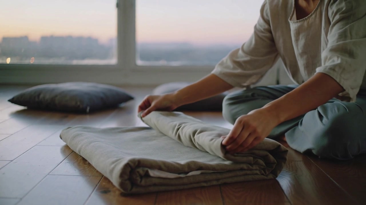 Starting smoothing, woman folding blanket near window with cushions in beige top to make compact
