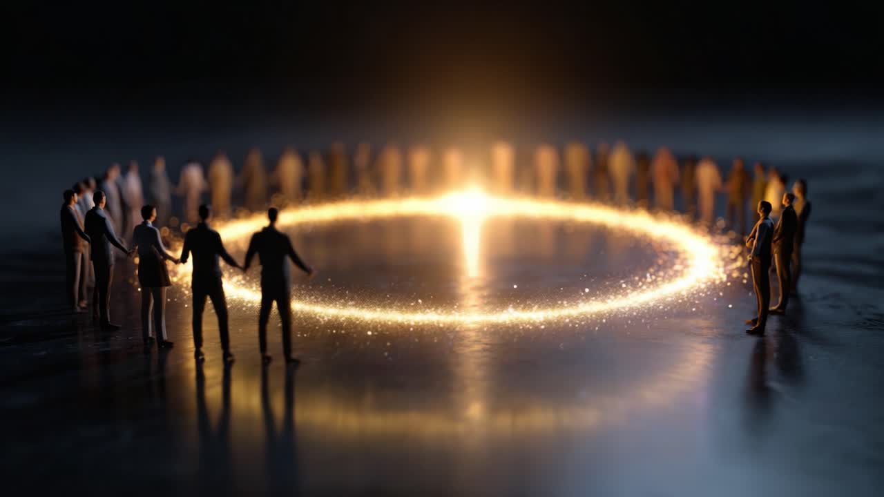 A Unity of Spirits: Individuals Linking Hands Around a Radiant Light at the Center of a Circle, Symbolizing Togetherness and Shared Energy in Harmony