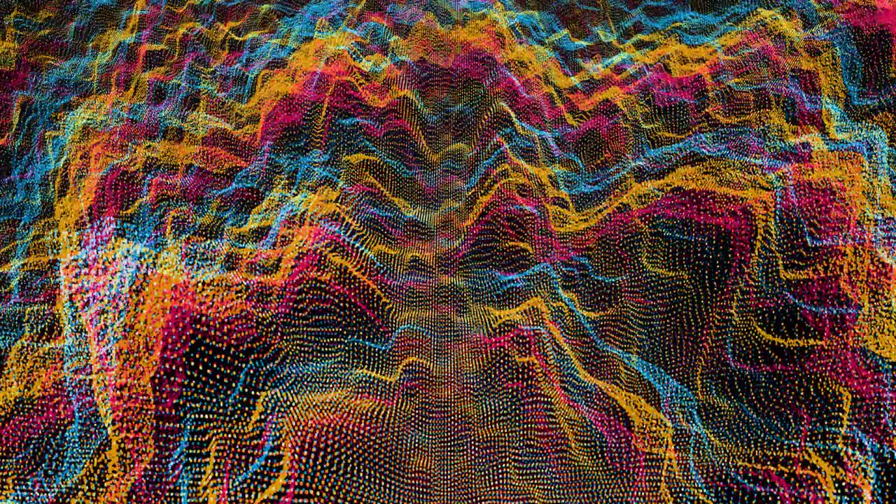 futurista abstracto verde rojo resplandor amarillo y azul oscuro volar forma de onda superior sonido audio música bola oscilación, visualización tecnología de ondas superficie digital