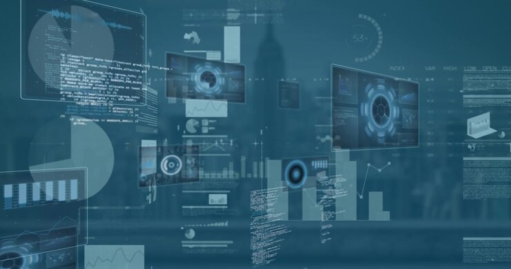 Video displays blue scopes and data processing on screens, symbolizing global digital connections.