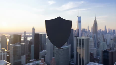 shield icon floating above a city skyline at sunset, representing urban security and protection