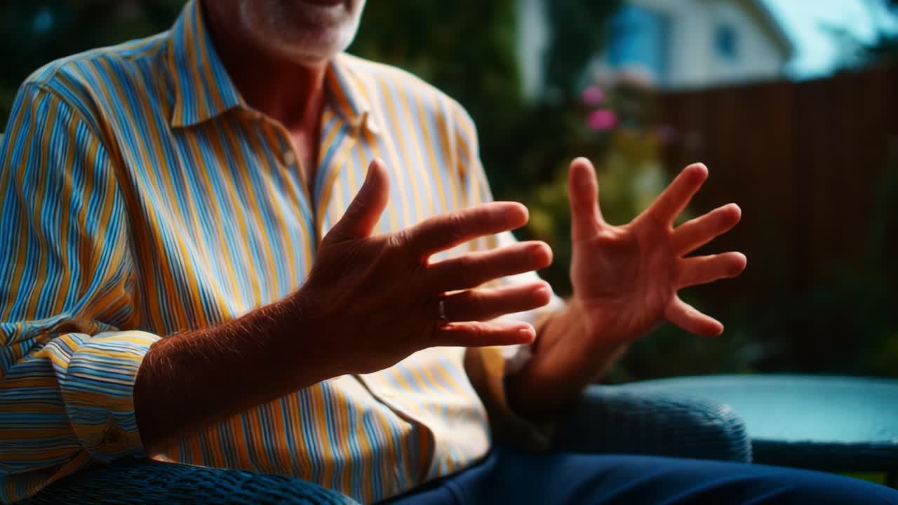 Een diepgaand gesprek ontvouwt zich terwijl een man expressief met zijn handen gebaart, waardoor een levendige dialoog ontstaat door middel van lichaamstaal terwijl hij in een serene buitenomgeving zit vol natuurlijk licht