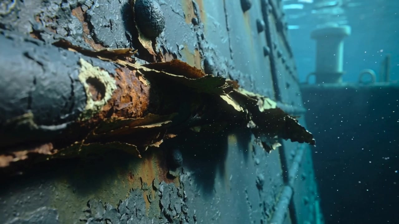 Peeling rusted hull seam shedding paint flakes after rust loosening underwater with rivets