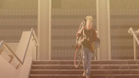 animación de un hombre albino afroamericano que lleva una bicicleta