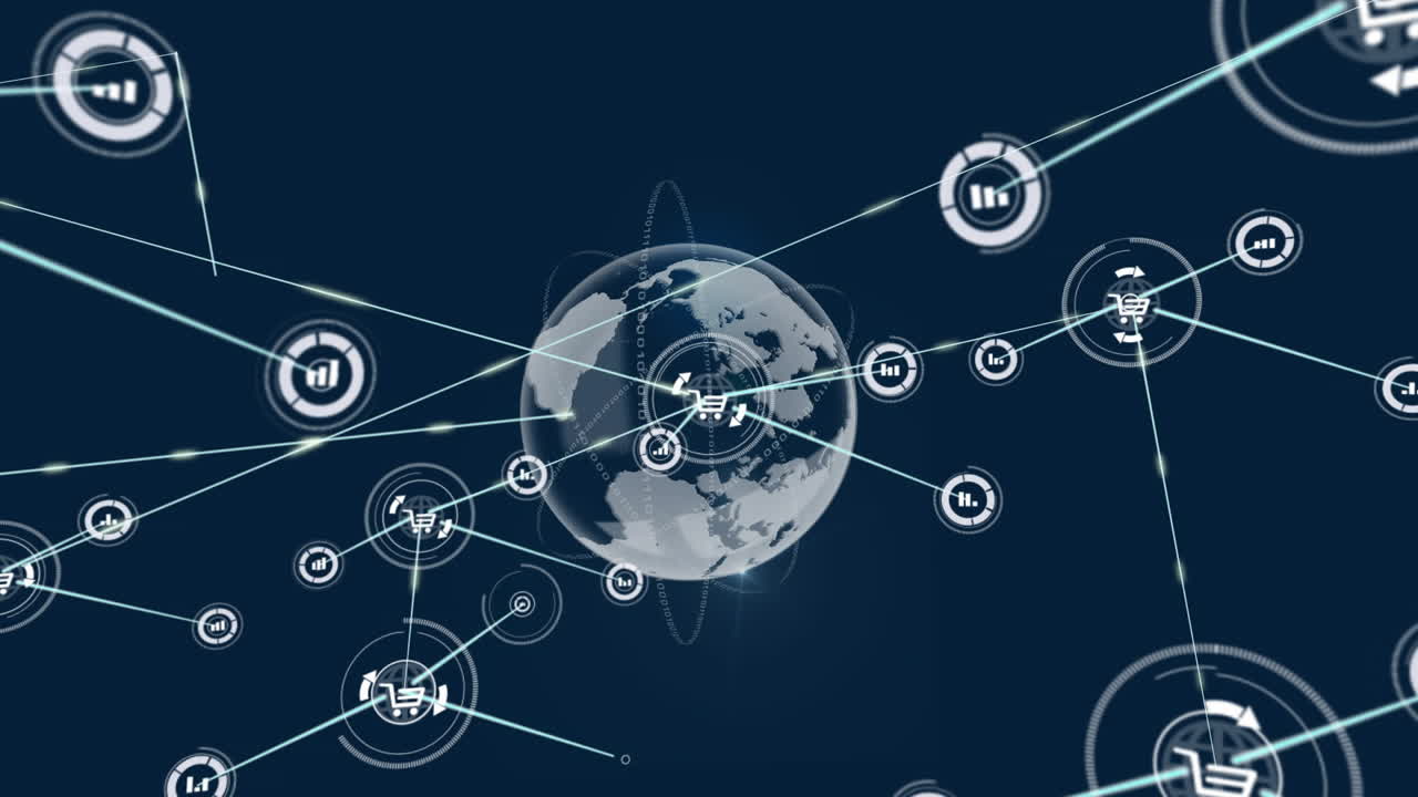 아이콘과 글로브로 연결된 네트워크의 애니메이션