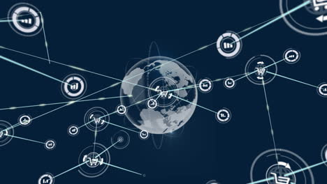 animation of network of connections with icons and globe