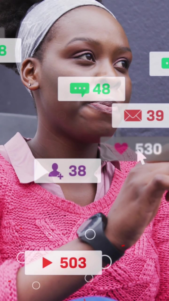 Animation of social media notifications over african american woman eating takeaway in city