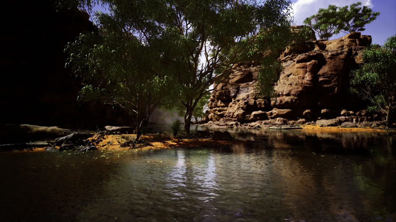 Scenic view of a tranquil waterhole surrounded by lush trees and rocks