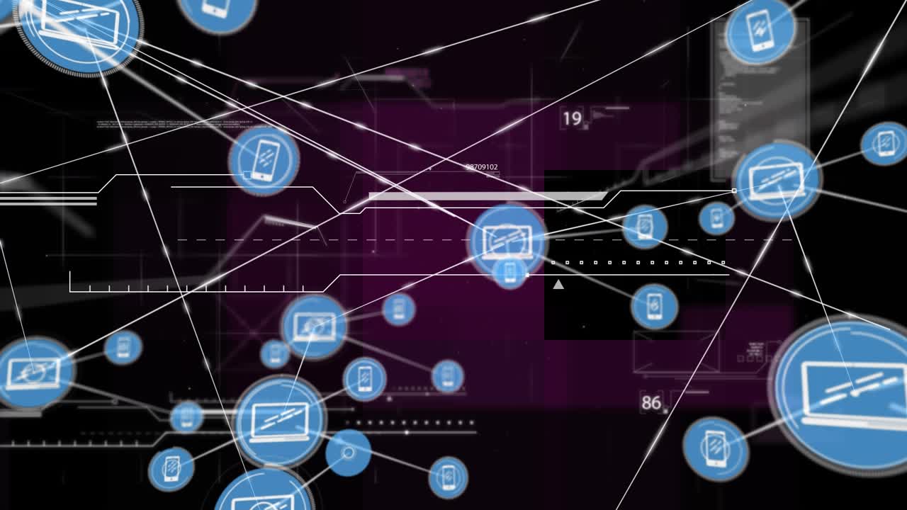 Animation of network of connections over data processing on black background