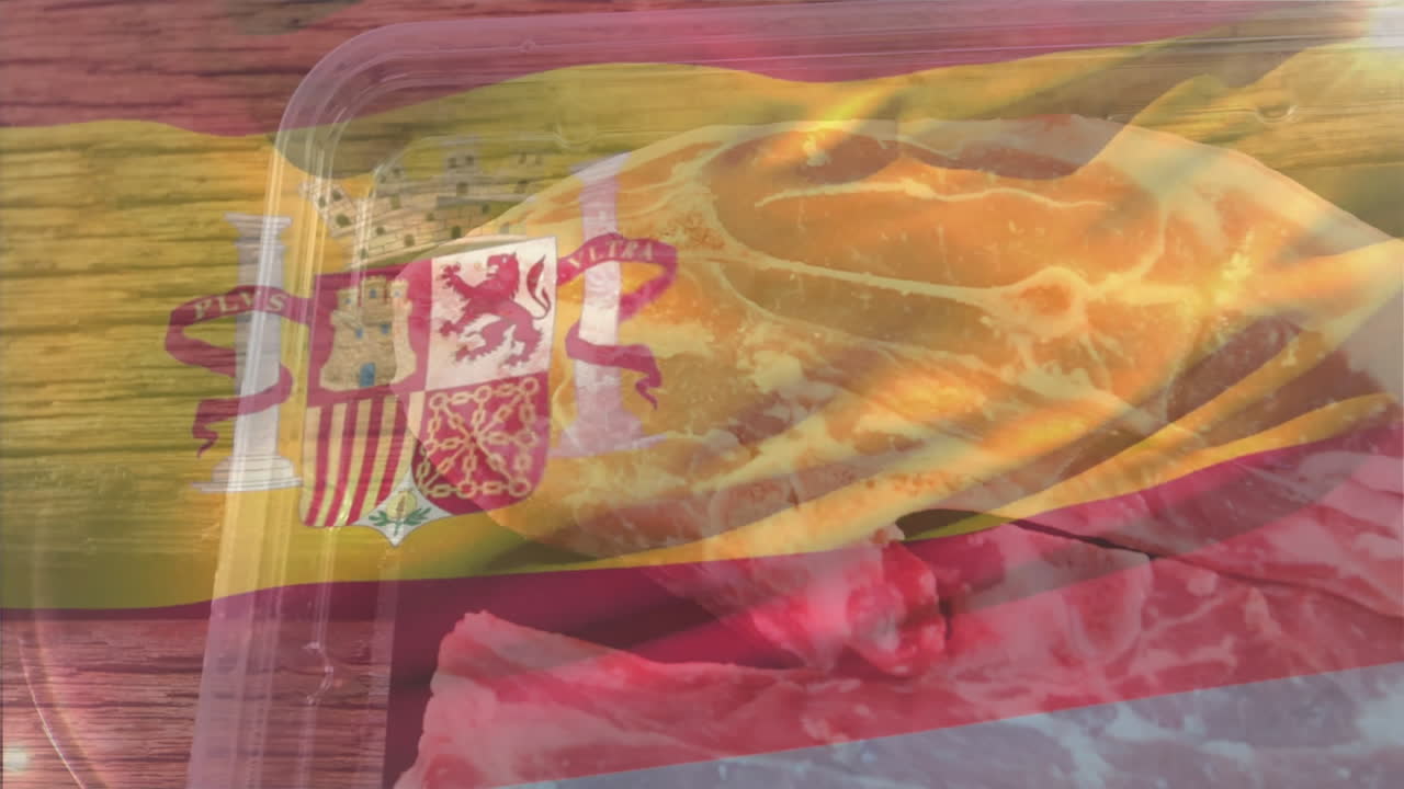 Spanish flag overlaying packaged cured ham slices in vibrant animation style