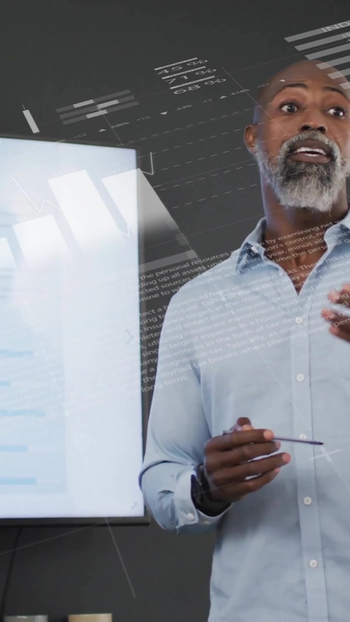 Animation of infographic interface and diverse manager explaining project details to colleagues