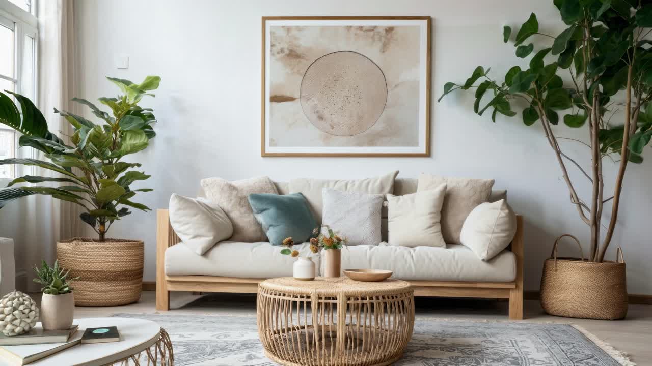 Cozy living room with neutral tones, plants, and wicker accents