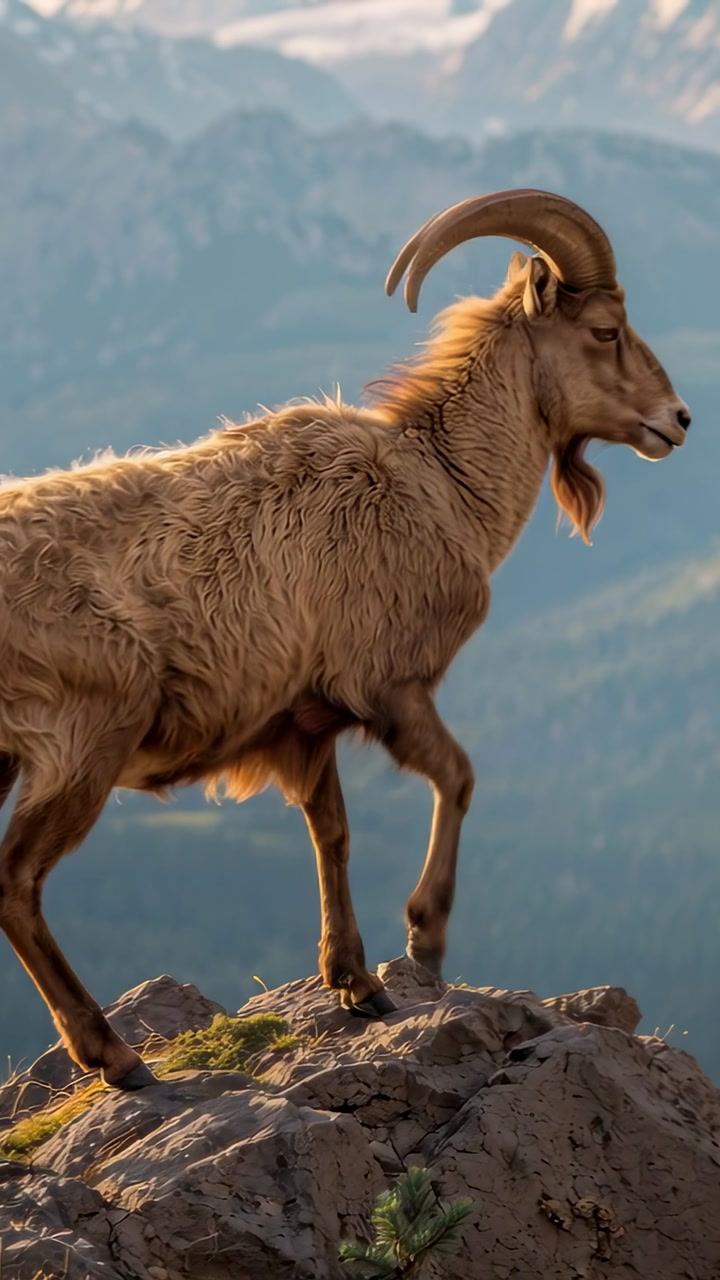 Vertical video: Standing wild goat with long horns shifting stance on rocky outcrop scanning valley