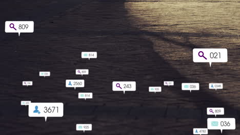animation of social media data processing over people walking in city street