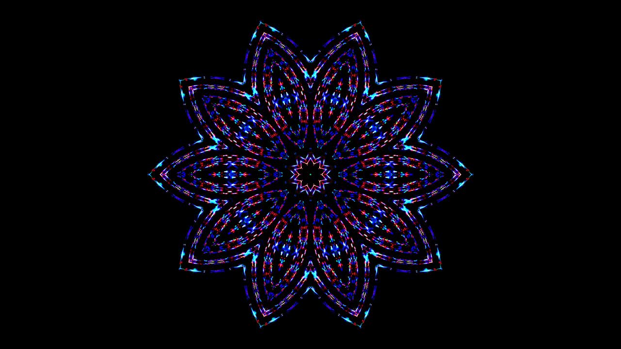 rayas azules ondas brillantes forma de flor, caleidoscopio fondo negro