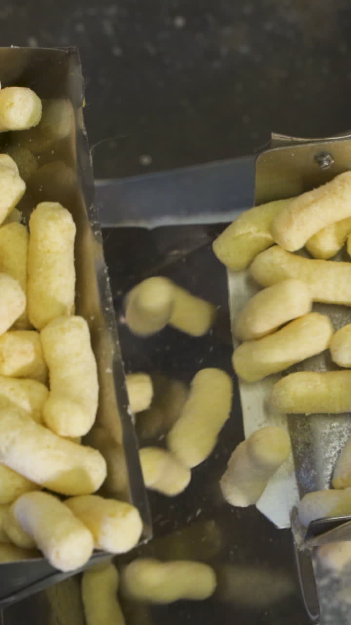 Automatic conveyor belt for packing corn sticks at a food industry plant. Move boxes up. Vertical video