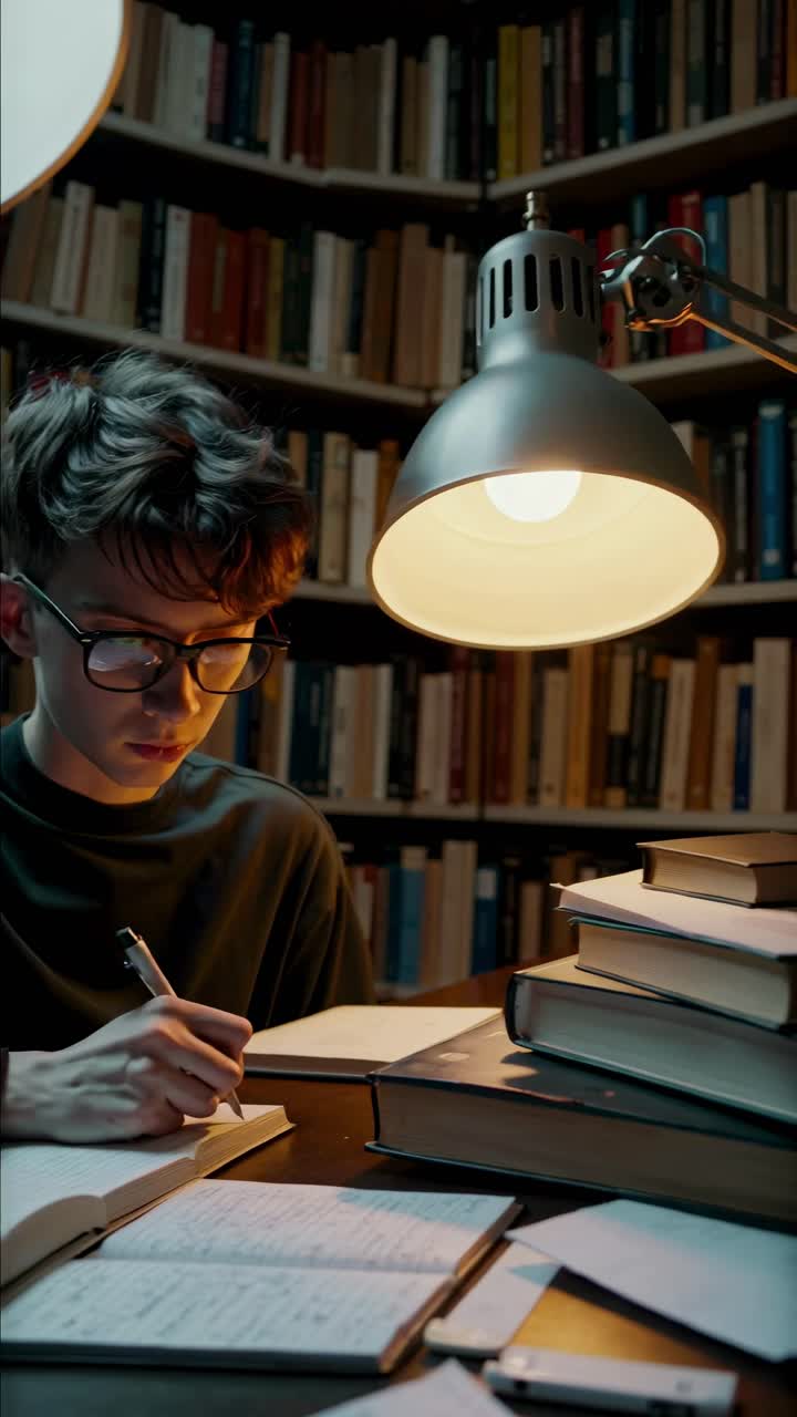 Cozy study scene with a warm lamp glow, books stacked high. Captured from a side angle, perfect