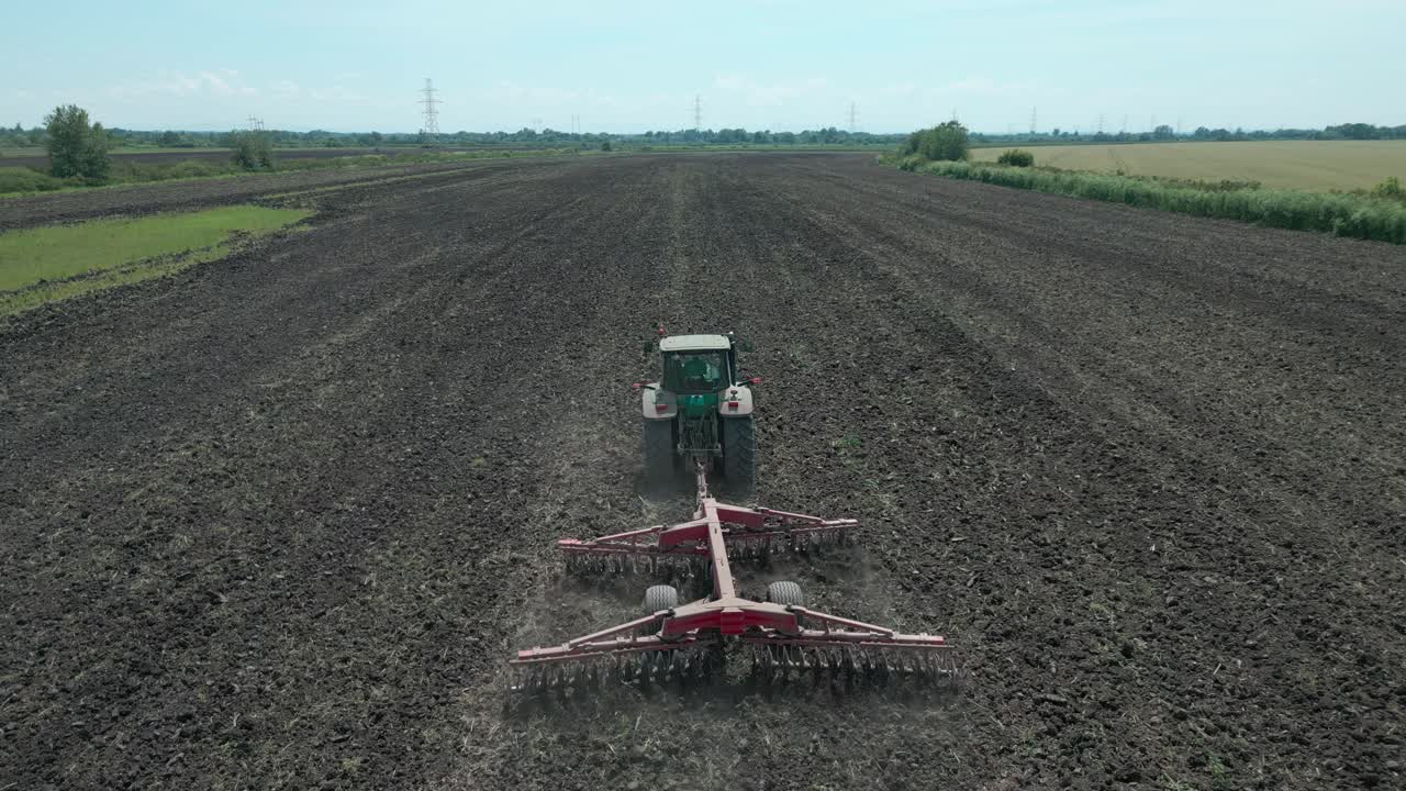The tractor is plowing the field