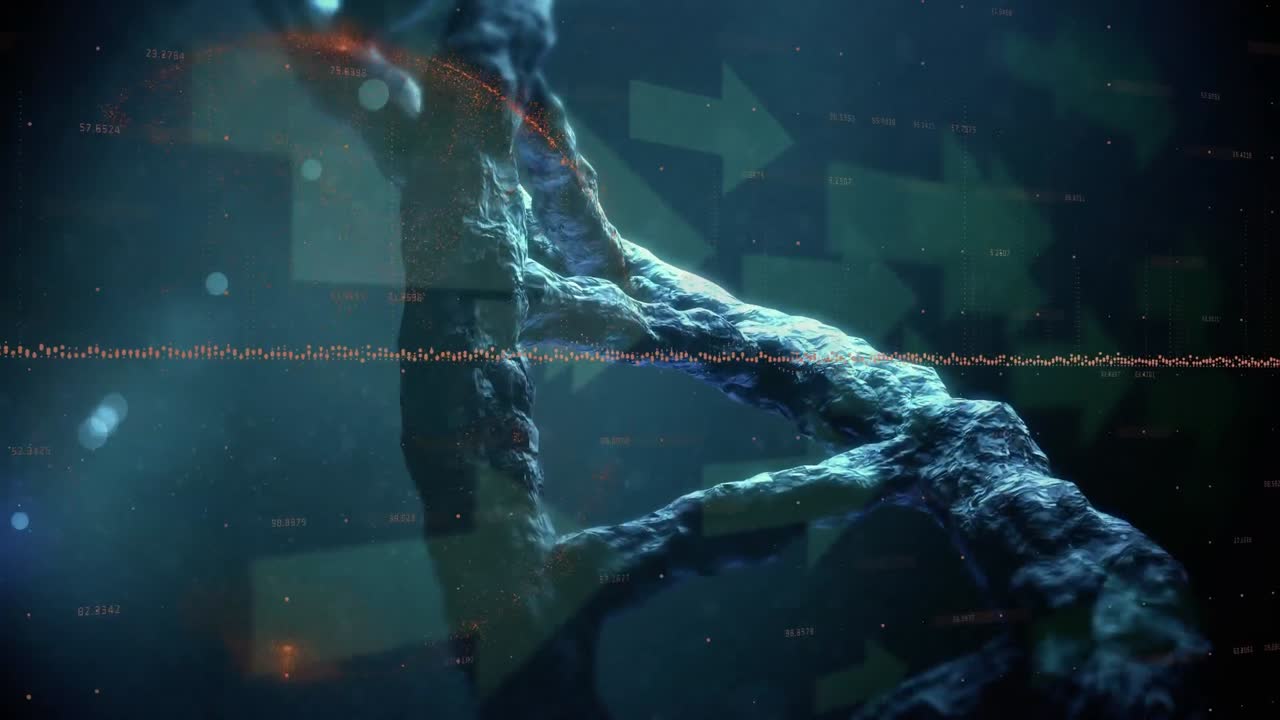 배경에 있는 화살표에 대항하여 회전하는 dna 스트레인의 디지털 복합 비디오