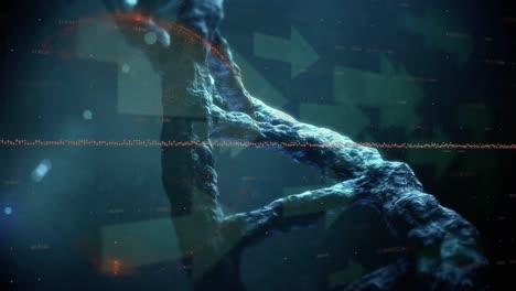 video compuesto digital de la cepa de adn girando contra las flechas que van a la derecha en el fondo