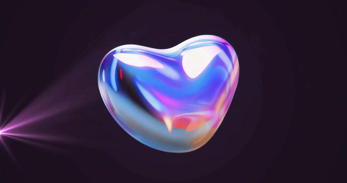 Raggio magenta che entra nell'inquadratura, inizia a ruotare, forma di cuore 3D lucida che mostra un cambiamento di colore iridescente