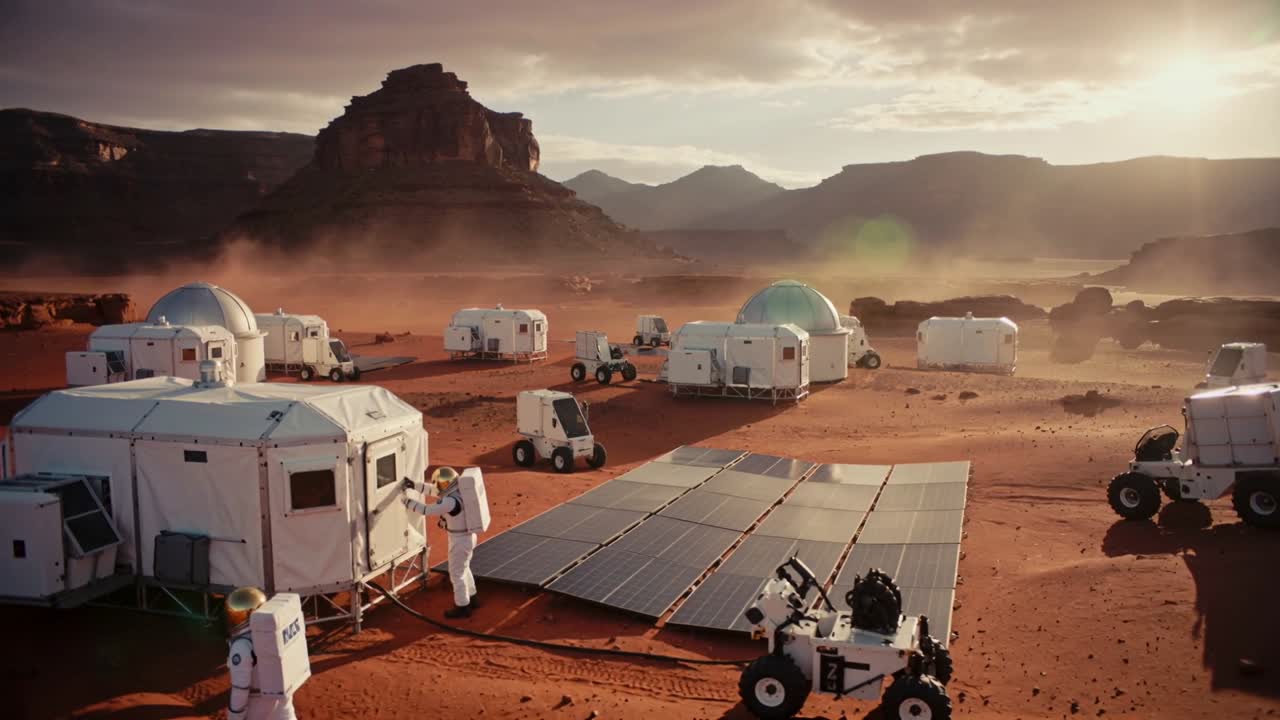 Mannskap i hvite drakter utfører rutinekontroll og sjekker habitatmodulporten på en rød slette med solcellepaneler og en rover.