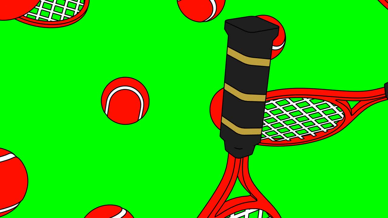 초록색 크로마 키 배경에 은 테니스 공과 테니스 라켓.