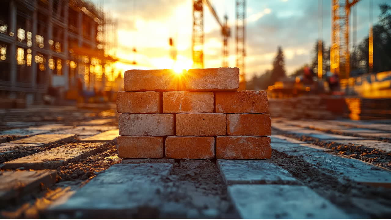 Stack of orange bricks on construction site at sunset. Close-up of clay bricks stacked on ground, blurred construction cranes and scaffolding in golden hour sunlight background