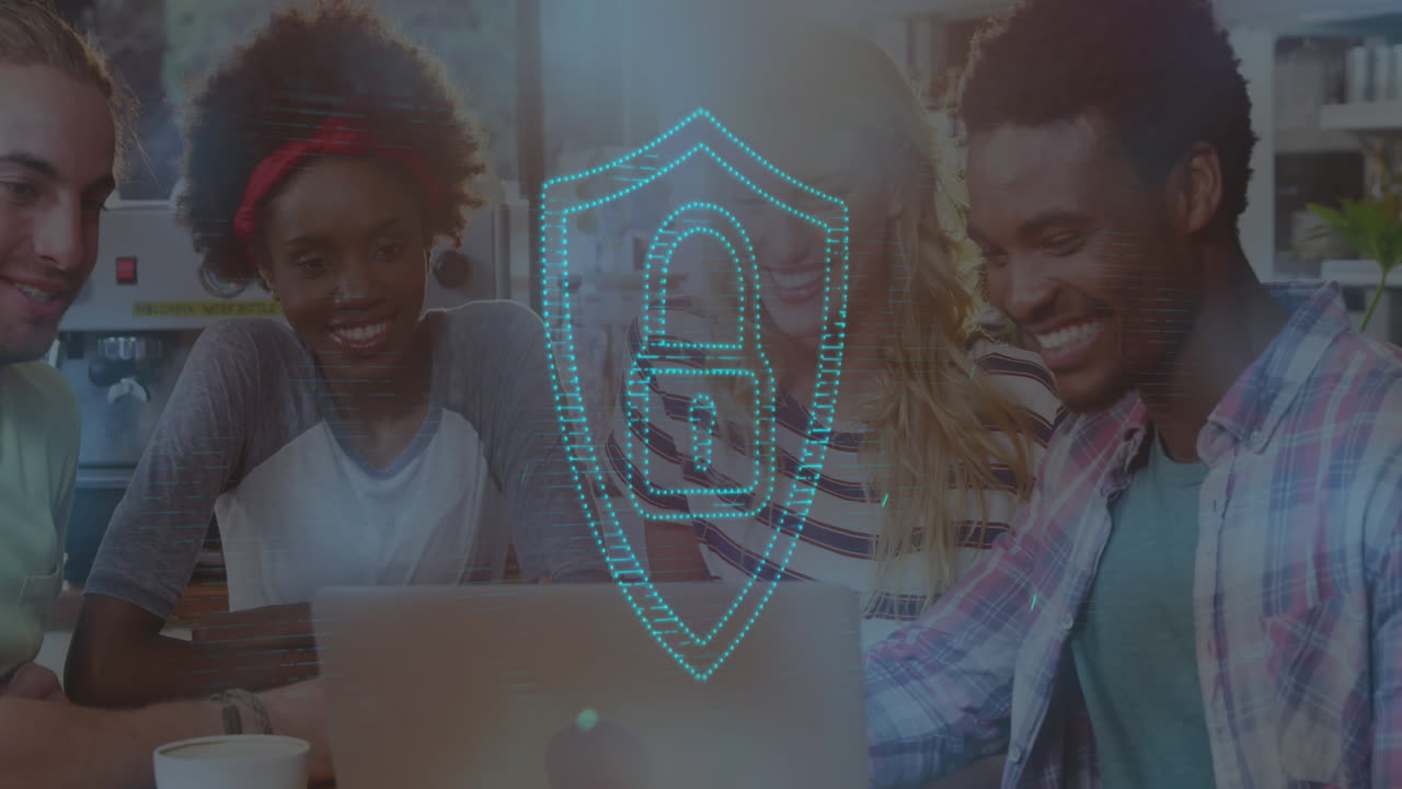 Animation of padlock over diverse friends using laptop