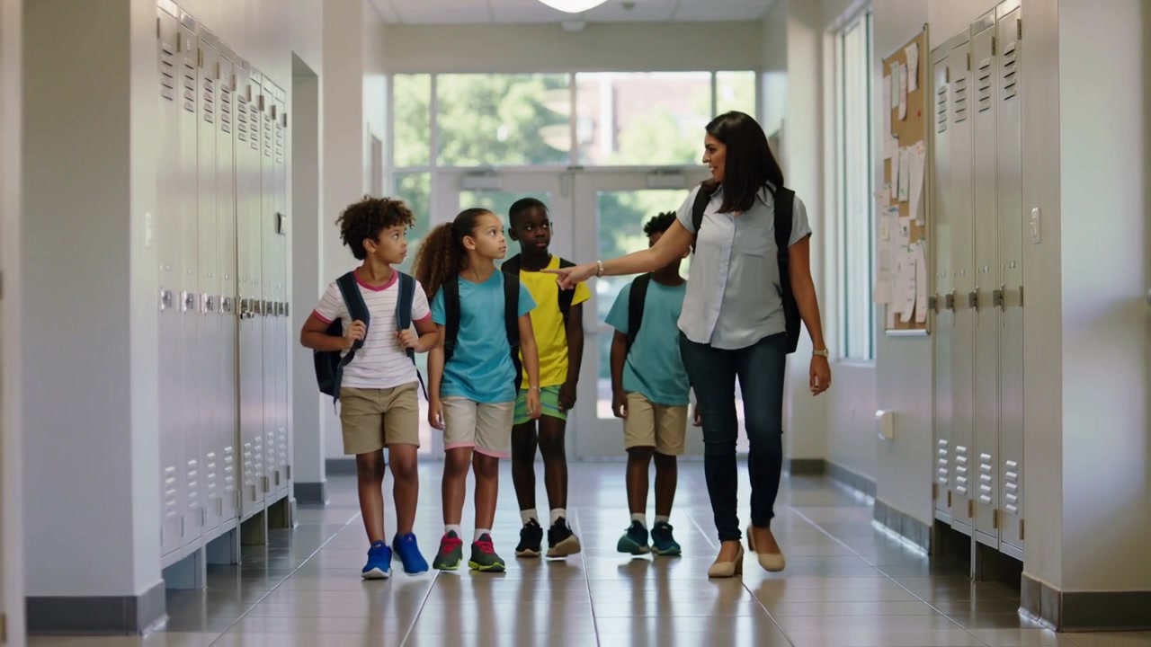 Walking teacher in sleeveless top noticing student, guiding kids down school hallway, backpacks