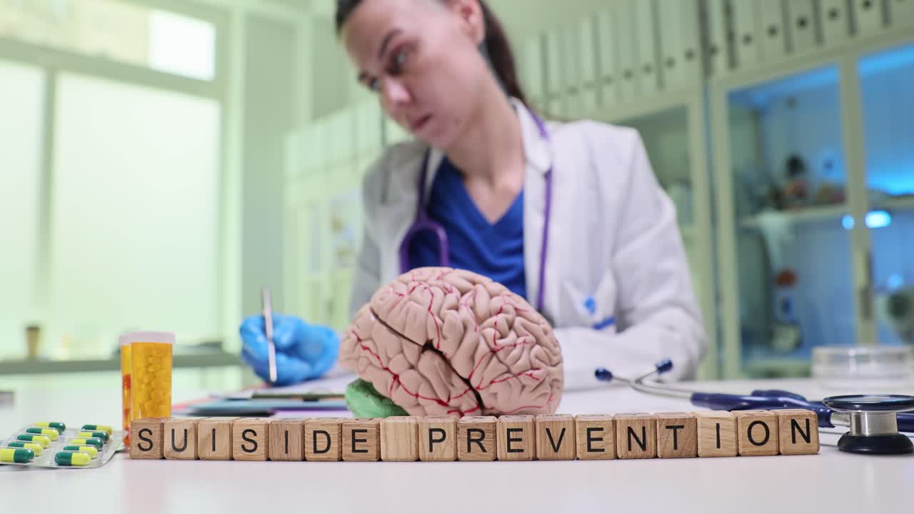 Blocos de letras de madeira formam cuidadosamente a frase prevenção do suicídio.