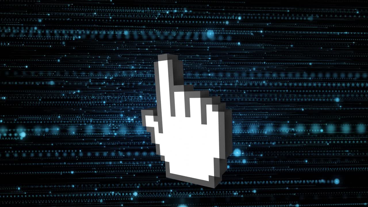 Pixelated white hand cursor floating upward in virtual code stream, showcasing 3D render design