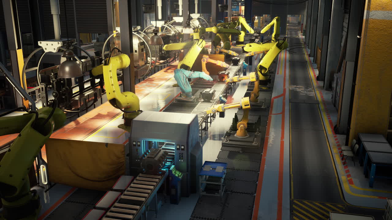 Automated Factory Assembly Line with Industrial Robots