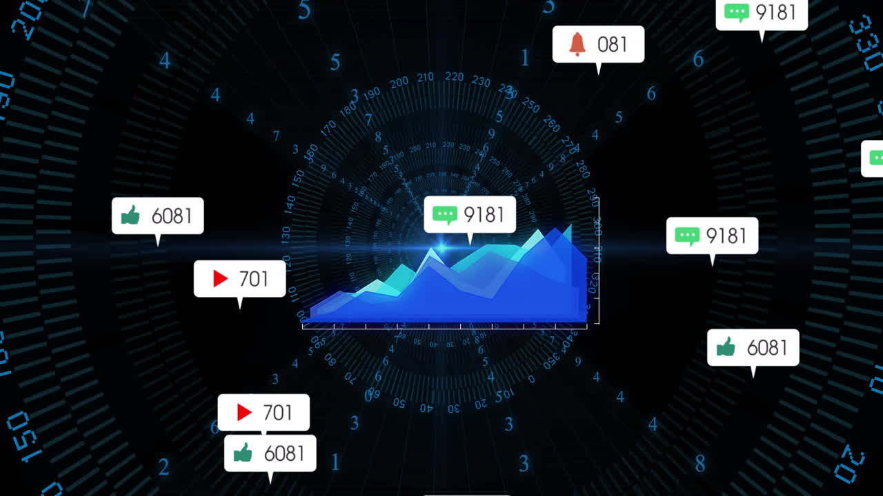 Animation of social media notifications and interactions over digital background