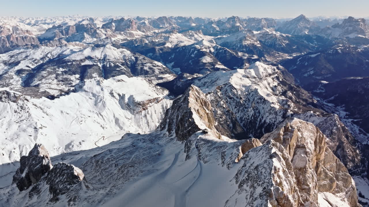Aerial drone view of the Marmolada mountain in the Dolomites, northeastern Italy
