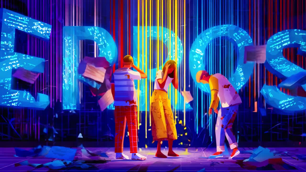 A vivid portrayal of emotional turmoil conveyed through vibrant colors and abstract design, depicting individuals reacting to numerous mistakes and failures depicted by the word 'ERRORS'