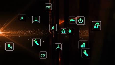 Animation-of-digital-icons-and-network-of-connections-against-orange-light-spot-on-black-background