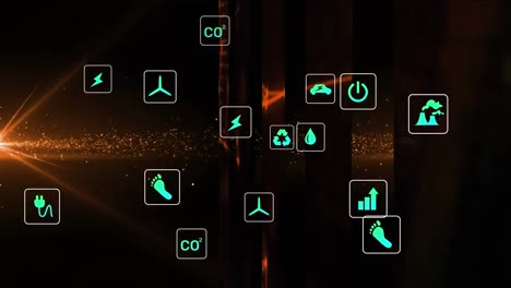 animación de iconos digitales y red de conexiones contra punto de luz naranja sobre fondo negro