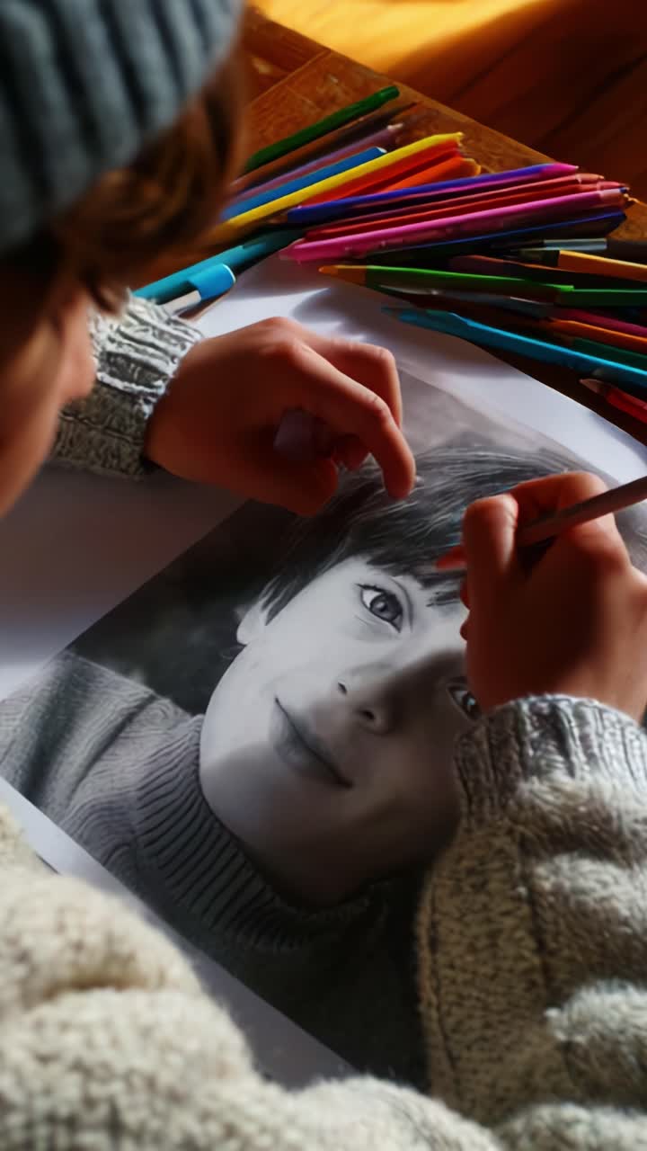 A Creative Journey: A Young Artist Colorfully Enhances a Pencil Portrait of a Boy, Capturing Emotions and Skill Through Artistic Expression and Craftsmanship