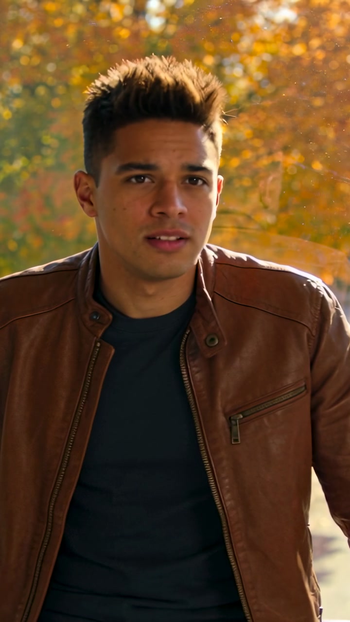 Vertical video: Hearing offscreen voice, man leaning on porch, turning and speaking in brown jacket