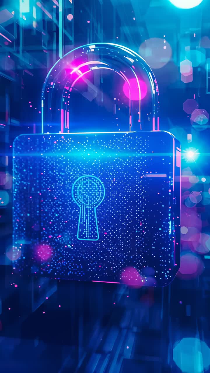 Vertical video: Materializing padlock icon in neon-blue data field pulsing, signaling encryption