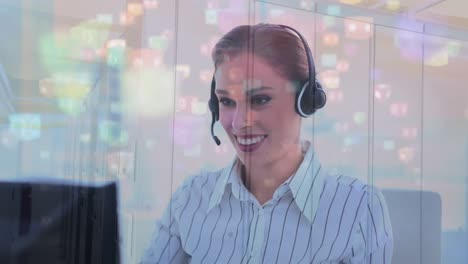 Animation-of-connections-with-icons-over-businesswoman-using-phone-headset