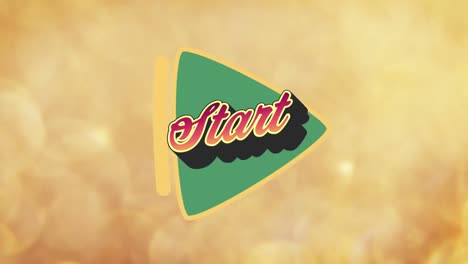 animación del texto de inicio sobre el botón de reproducción verde sobre fondo amarillo