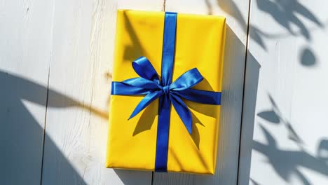 yellow gift box with blue ribbon