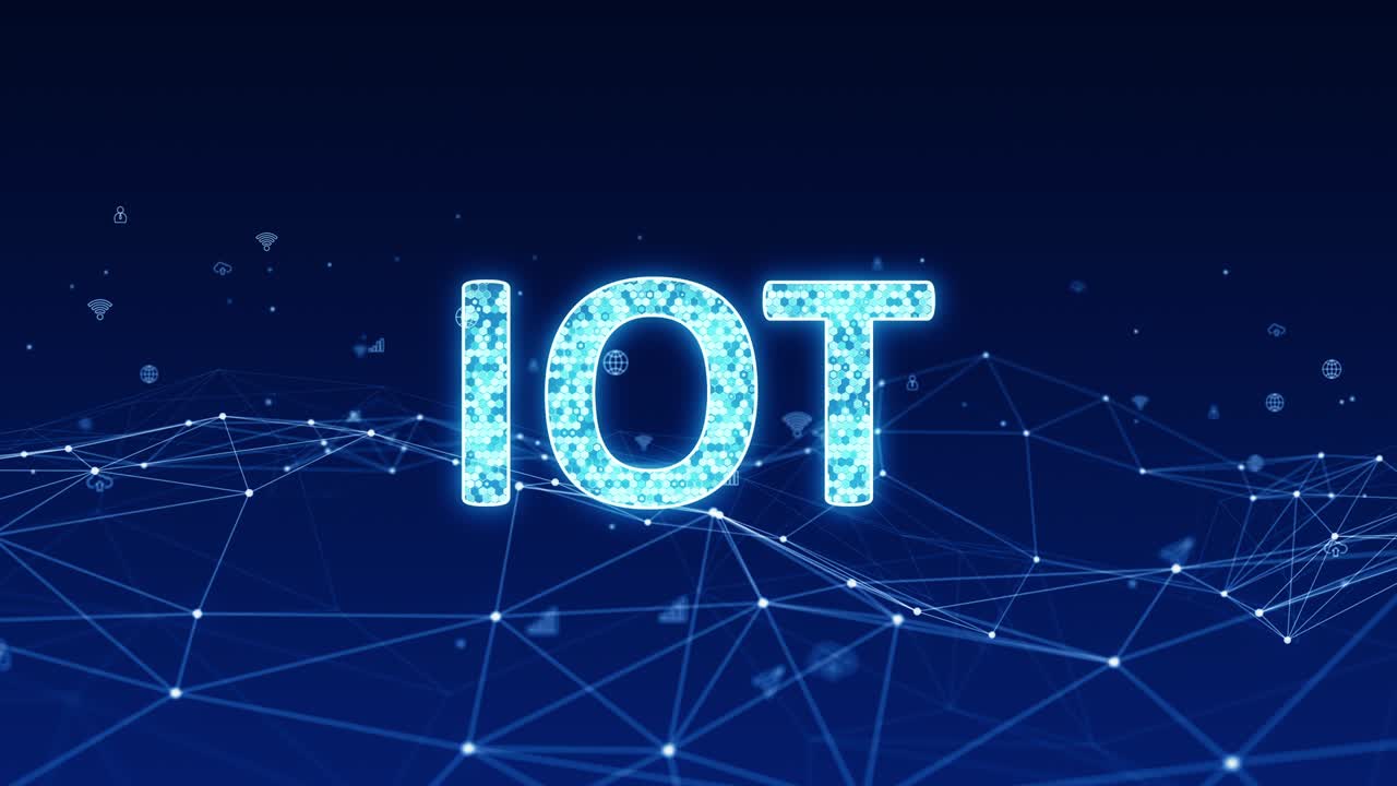 파란색 디지털 iot 로고의 모션 그래픽, 라인 연결 및 미래 기술 아이콘, 추상적인 배경 개념에 대한 레비테이션, 원활한 루프 비디오