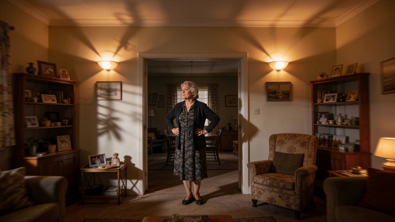 Sentendo un suono, donna anziana in abito floreale che gira la testa sulla soglia di fronte al tavolo da pranzo di casa